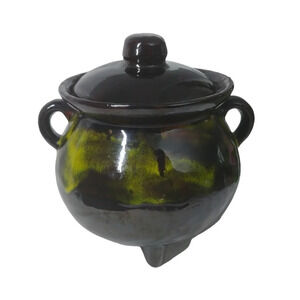 Vintage Glazed Soup Pot/Witch  Cauldron With Lid Handles Black Brown Green